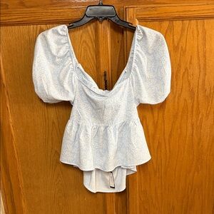 Light Blue Floral Puff Sleeve Peplum Top